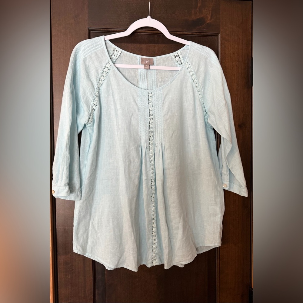 J. Jill Soft Blue Crochet Lace-Trim Linen Blouse S Petite